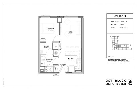 Floor plan for 1 bed, 1 bath, 616 sqft